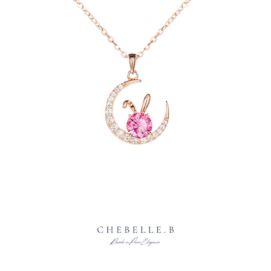 S925 Sterling Silver 1-Carat Pink Moissanite Moon Rabbit Pendant Necklace
