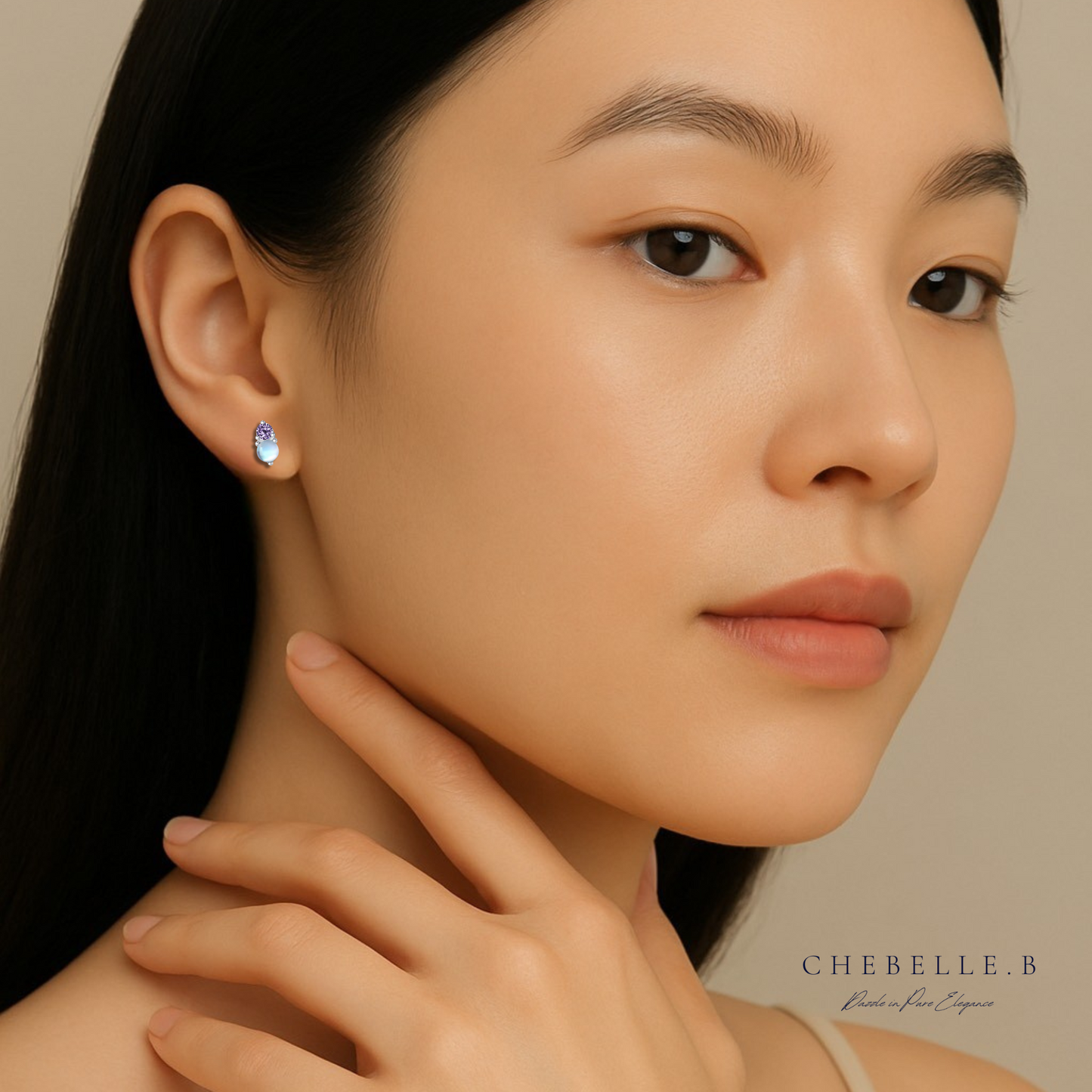 Lunar Bloom – S925 Moonstone Earrings with Purple Cat Eye Zirconia