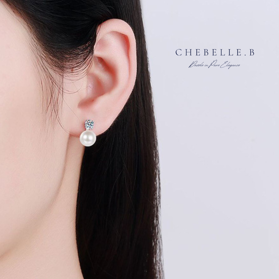 S925 Sterling Silver Radiant Pearl and Moissanite Drop Earrings