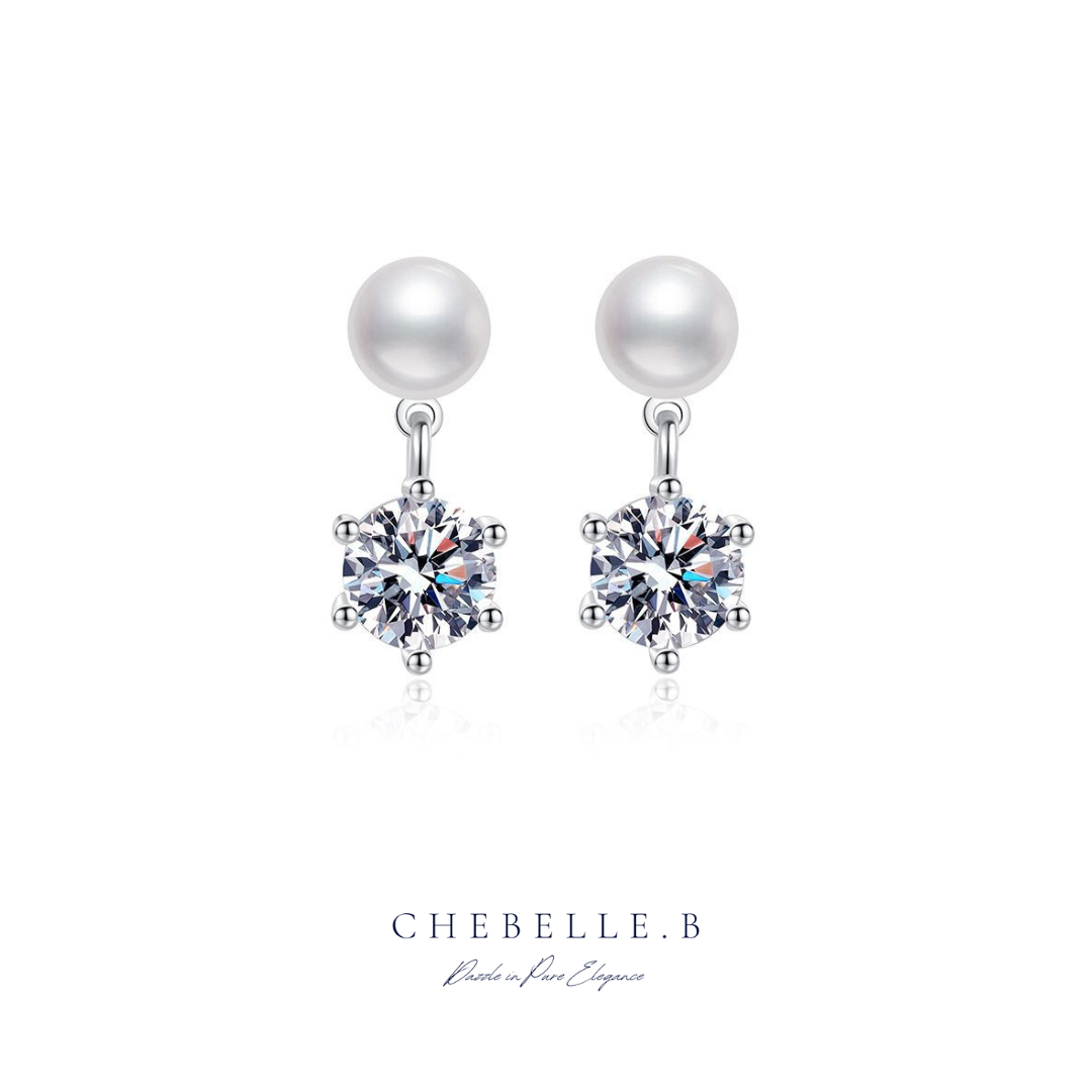 S925 Sterling Silver Classic 6-Prong 1-Carat Moissanite and Freshwater Pearl Stud Earrings