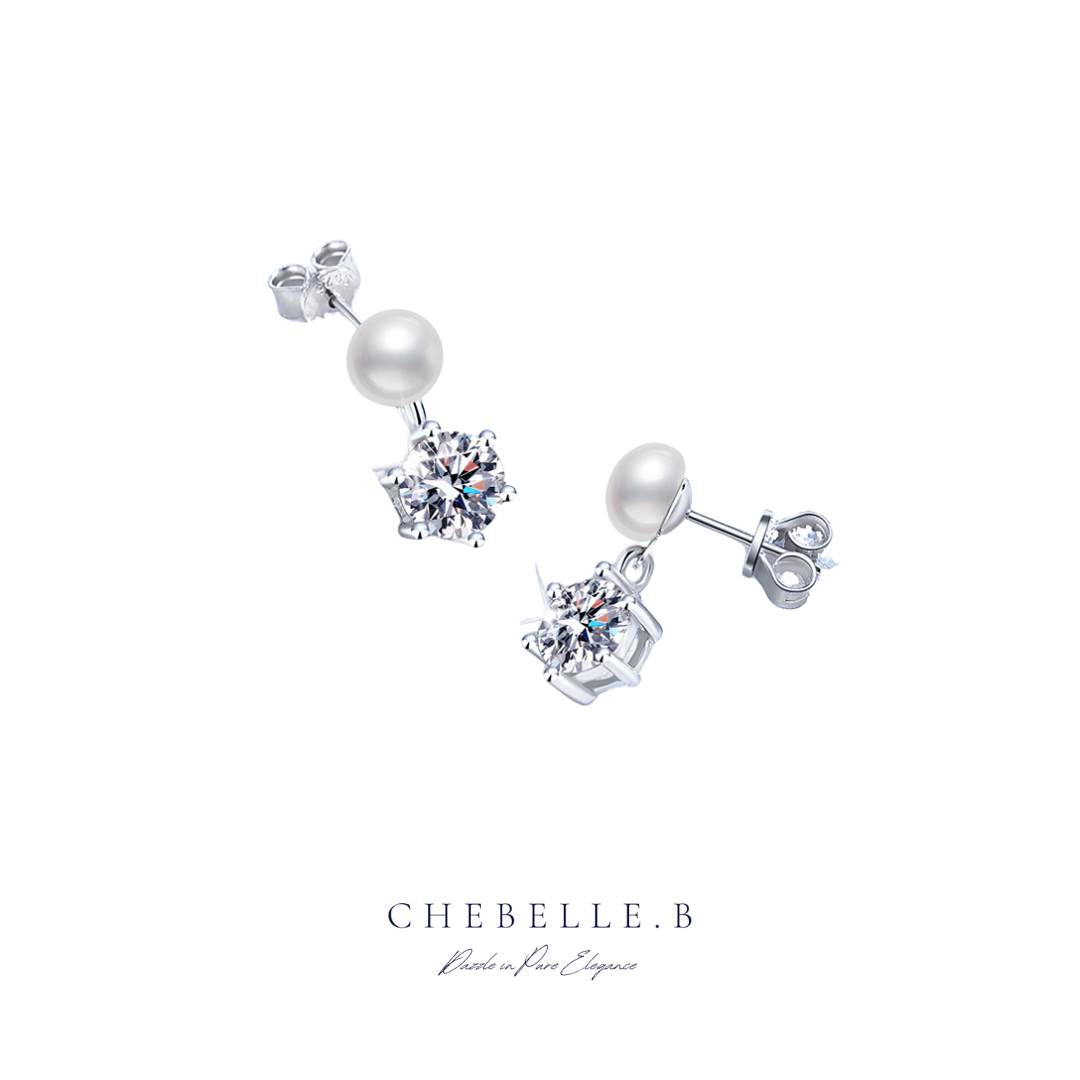 S925 Sterling Silver Classic 6-Prong 1-Carat Moissanite and Freshwater Pearl Stud Earrings