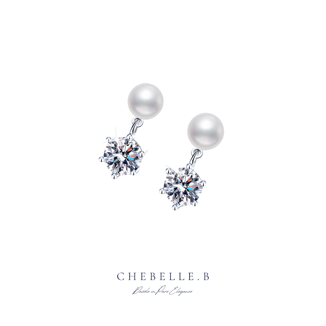 S925 Sterling Silver Classic 6-Prong 1-Carat Moissanite and Freshwater Pearl Stud Earrings