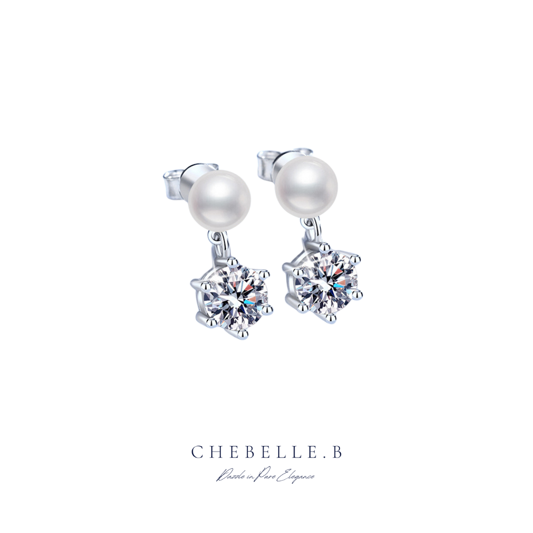 S925 Sterling Silver Classic 6-Prong 1-Carat Moissanite and Freshwater Pearl Stud Earrings