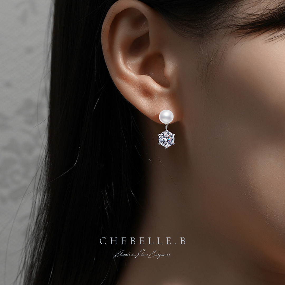 S925 Sterling Silver Classic 6-Prong 1-Carat Moissanite and Freshwater Pearl Stud Earrings