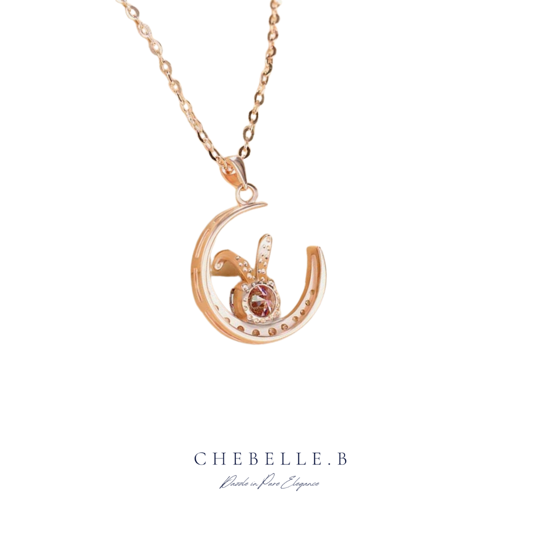S925 Sterling Silver 1-Carat Pink Moissanite Moon Rabbit Pendant Necklace