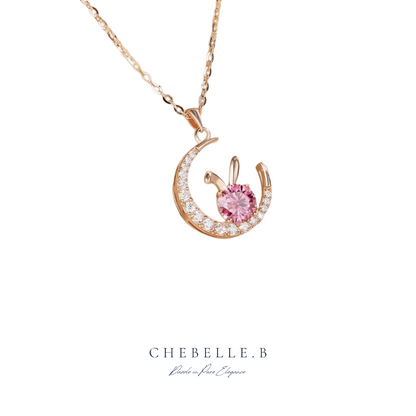 S925 Sterling Silver 1-Carat Pink Moissanite Moon Rabbit Pendant Necklace