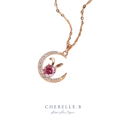 S925 Sterling Silver 1-Carat Pink Moissanite Moon Rabbit Pendant Necklace