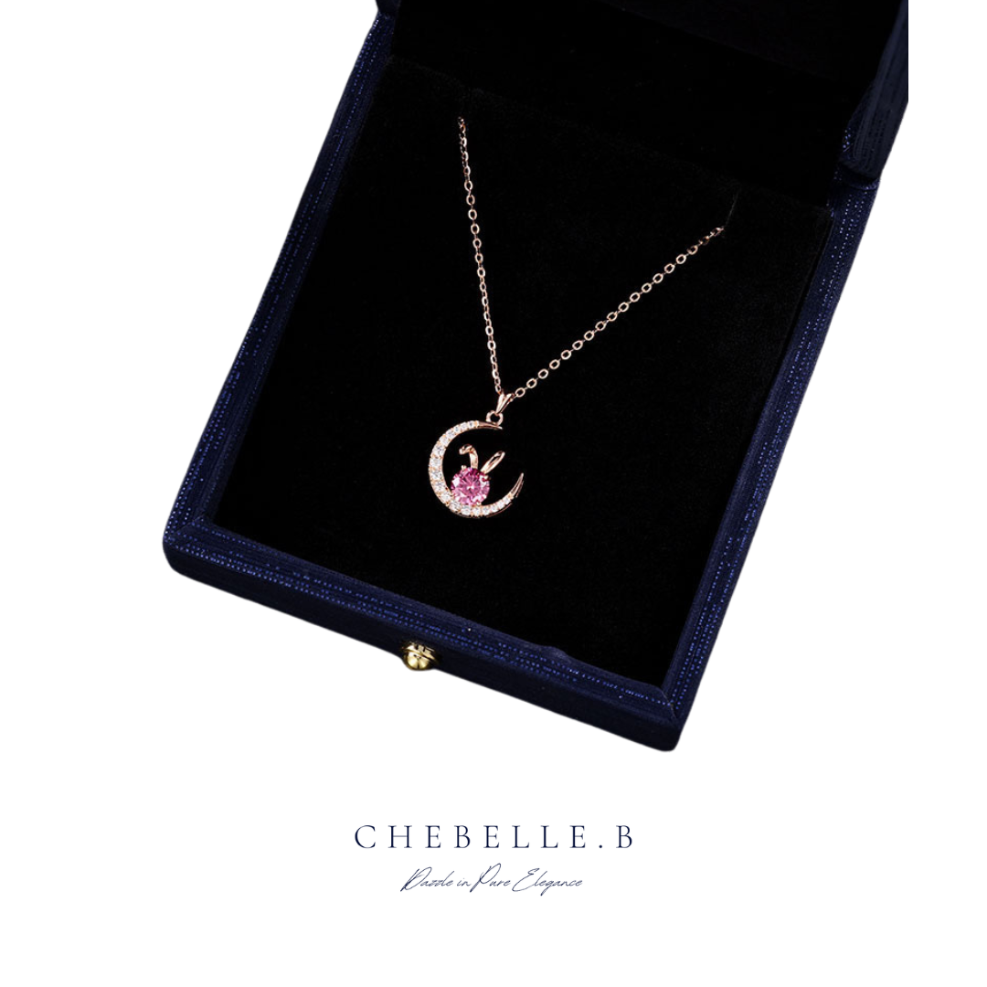 S925 Sterling Silver 1-Carat Pink Moissanite Moon Rabbit Pendant Necklace