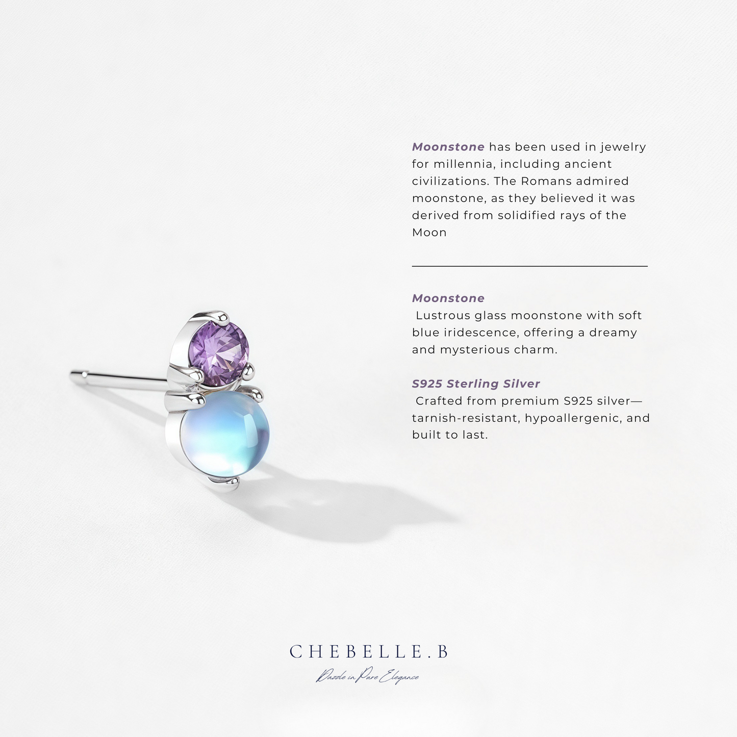 Lunar Bloom – S925 Moonstone Earrings with Purple Cat Eye Zirconia