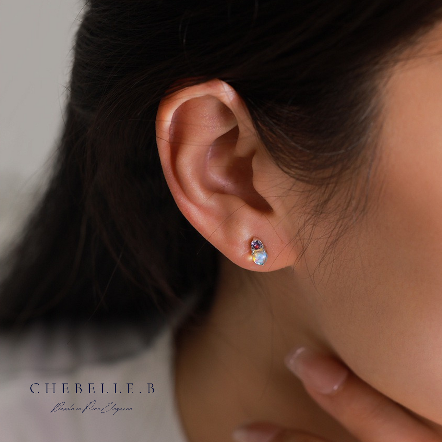 Lunar Bloom – S925 Moonstone Earrings with Purple Cat Eye Zirconia