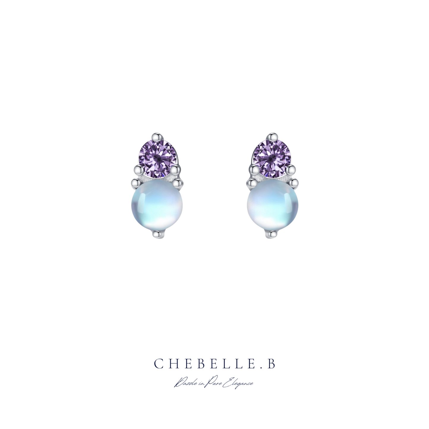 Lunar Bloom – S925 Moonstone Earrings with Purple Cat Eye Zirconia