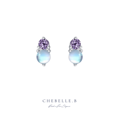 Lunar Bloom – S925 Moonstone Earrings with Purple Cat Eye Zirconia
