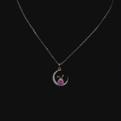 S925 Sterling Silver 1-Carat Pink Moissanite Moon Rabbit Pendant Necklace